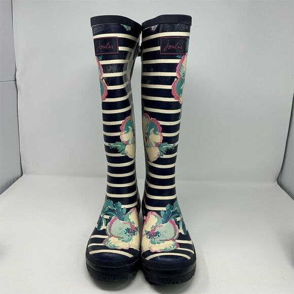 Joules Navy Blue Watercolor Floral Stripe Rain Boots Size 8 **small flaw** - Picture 3 of 16